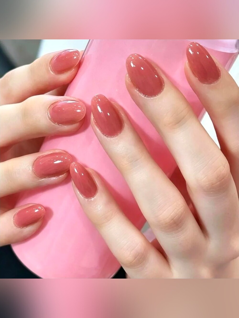 Pink Press on Nails Short Oval, Pure Coral Pink Glossy